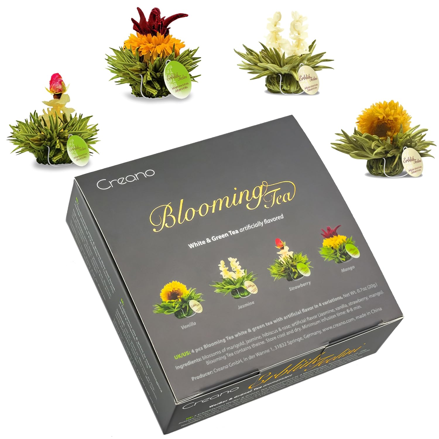 Creano 4 Tea Flowers in Elegant Gift Box - Teelini White & Green Tea in Cup Size