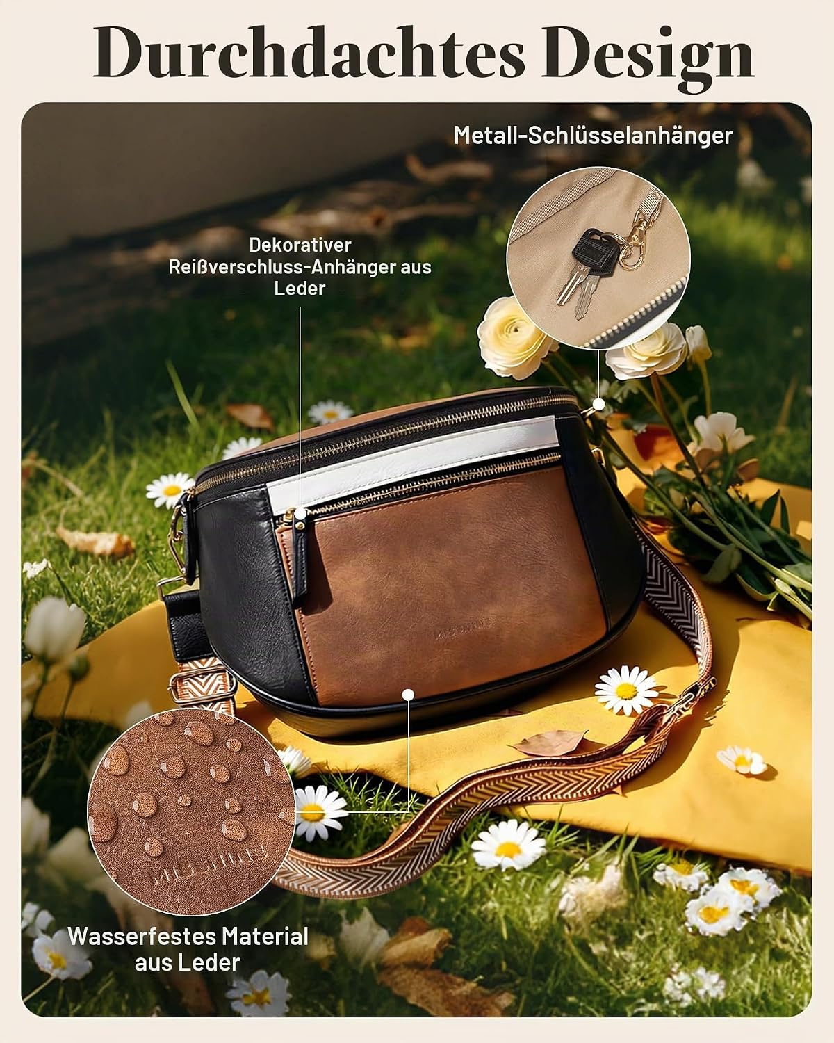 Missnine Leather Bum Bag Women's Shoulder Bag Large with Headphones Bag, Brown / Beige, Retro – Bild 7