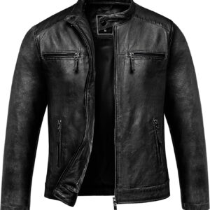 Amaci&Sons 9108 Men’s Real Leather Biker Jacket with Zip