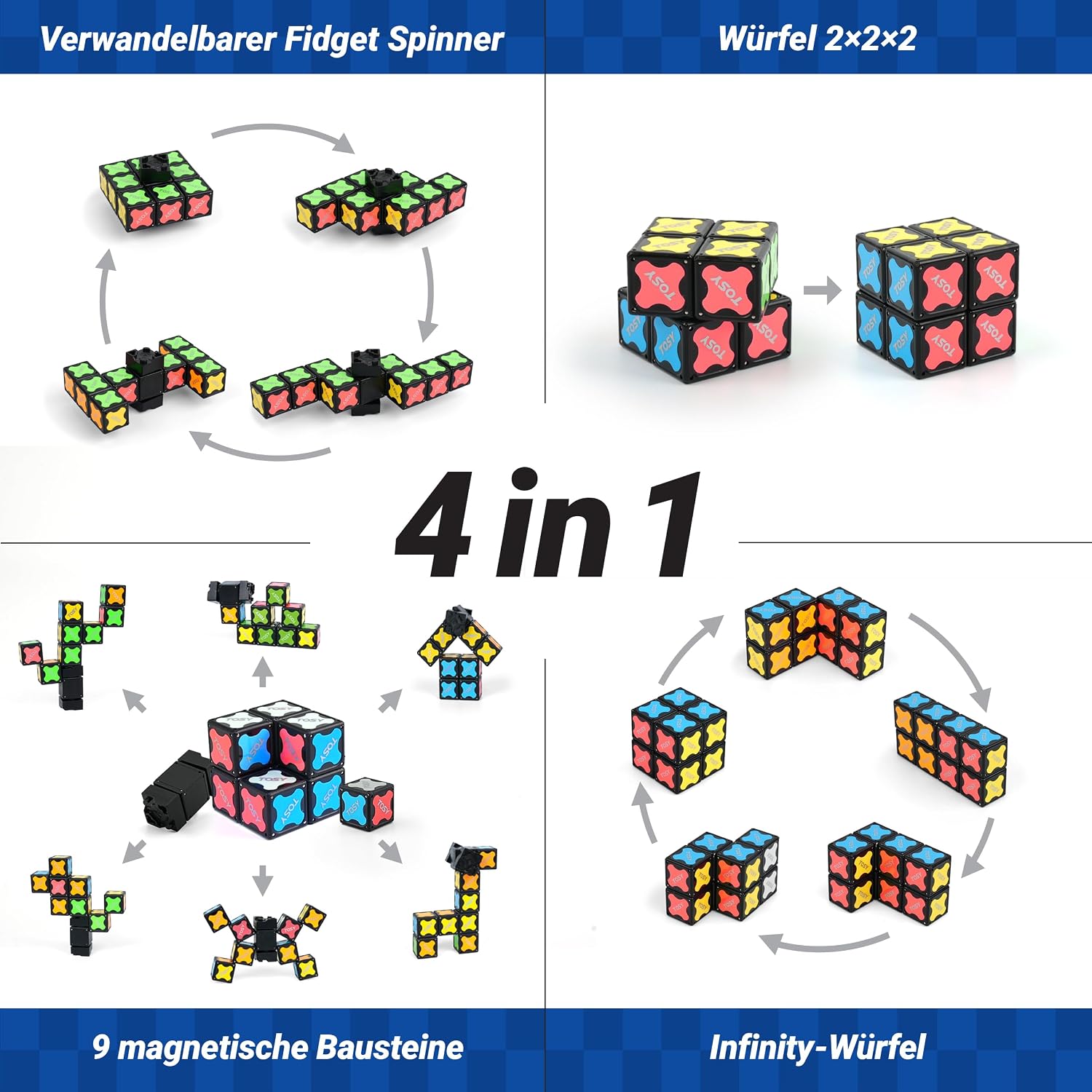 TOSY Magnetic Fidget Spinner Mini - 8 Building Blocks, 3-in-1: Convertible Fidget Spinner, Infinity Cube, 2x2 Puzzle Cube, Anti-Stress, STEM Sensor Magnetic Toy – Bild 4