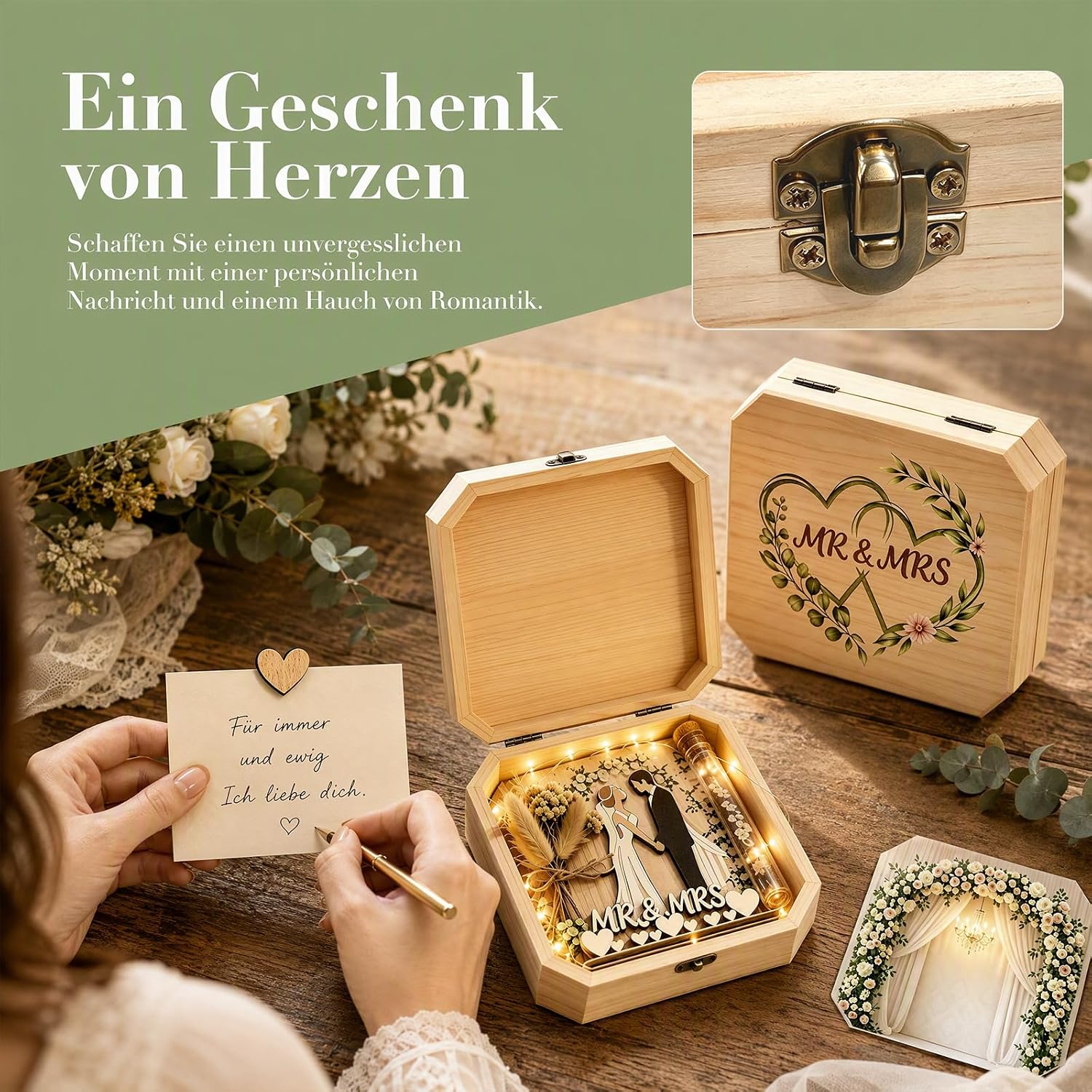 Money Gift Wedding Wooden Gift Box with LED Fairy Lights, Wedding Gifts for Bride and Groom, Wedding Card, Romantic Wedding Gift Packaging, Decorative Gift Box, Wedding – Bild 4