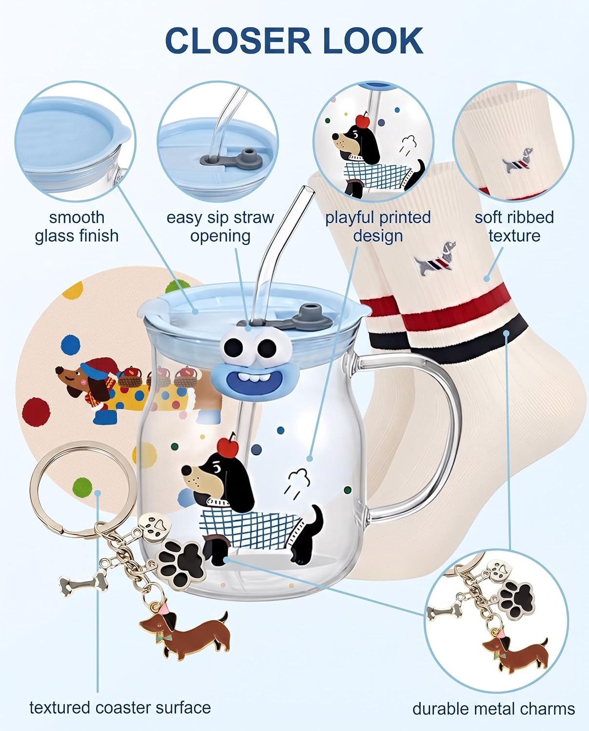 Dachshund Gift Set 4 Pieces - 600ml Dachshund Cup Glass with Lid and Straw, Coaster, Socks, Keychain - Dachshund Gifts for Coffee, Tea and Iced Coffee – Bild 6