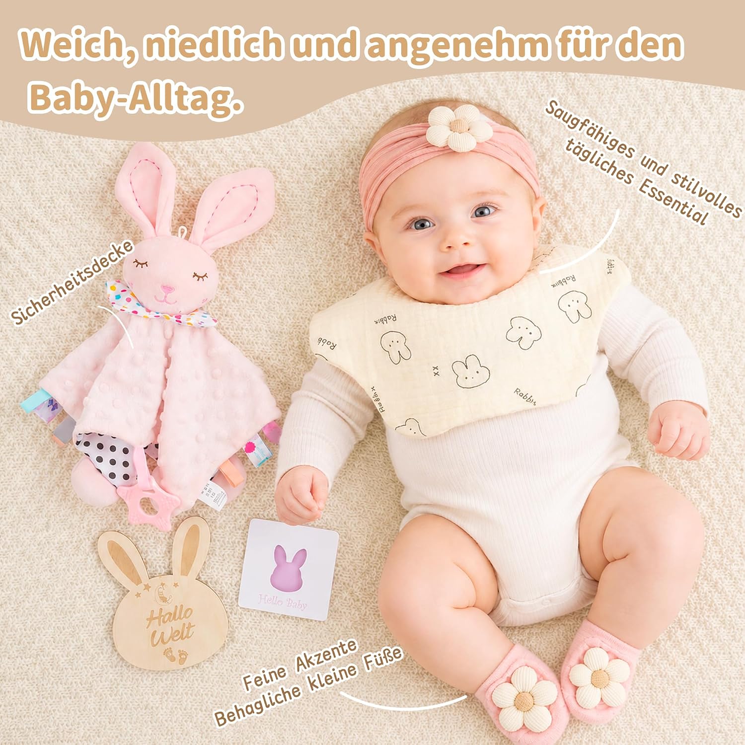 Newborn Gift - Baby Comforter with Rattle, Silicone Brush, Baby Blanket, Socks & Greeting Card - Baby Shower Gift Box for Newborn – Bild 5