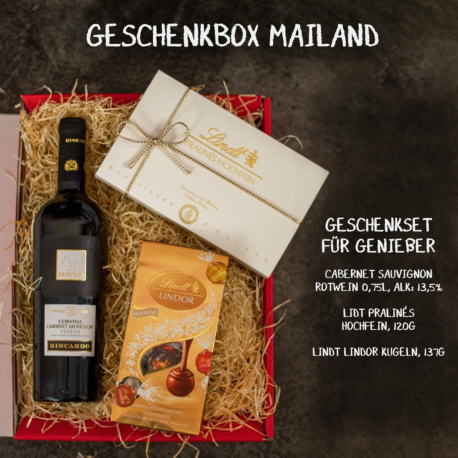 Milan Gift Set, Gift Basket Filled with Red Wine & Lindt Chocolates, Wine and Chocolate Gift Basket for Men and Women for Birthday, Thank You, Mother's Day – Bild 2