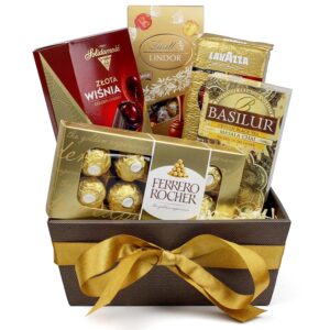 Gift Set Golden Collection – 5 Different Products – 3 Chocolate Boxes Exclusive Coffee Lavazza and Ceylon Black Tea Basilur – Ferrero Rocher – Woman – Man