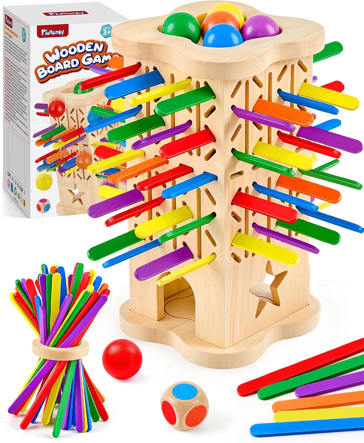 Montessori Wooden Board Game from 3-6 Years with Colourful Chopsticks & Ball