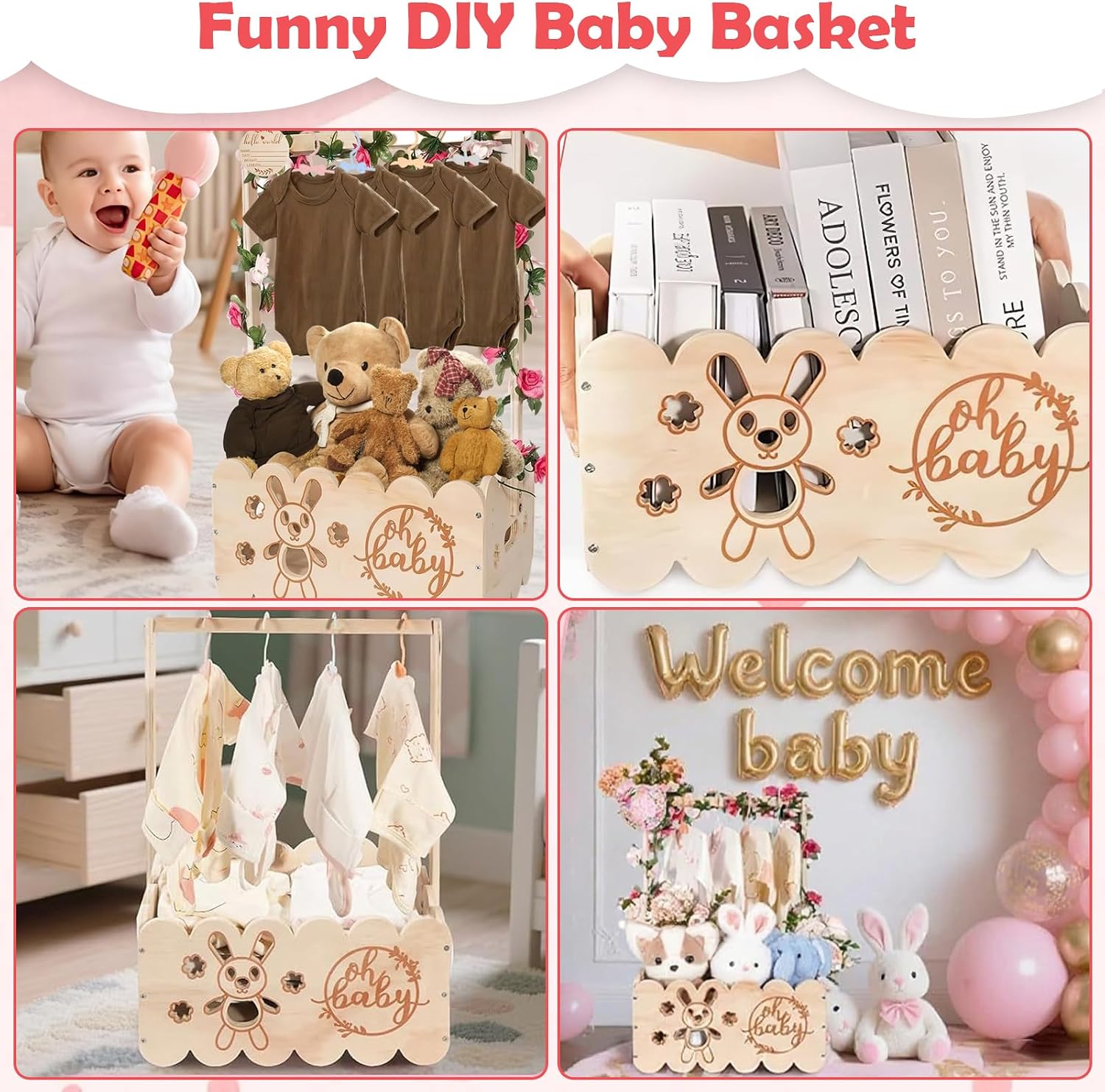 Wooden Baby Gift Basket with Handle - Baby Storage Basket, Baby Shower Cabinet with Name Badges Wood, Garlands Plastic and 4 Children's Clothes Hangers for Newborn Baby Shower New Parents – Bild 6