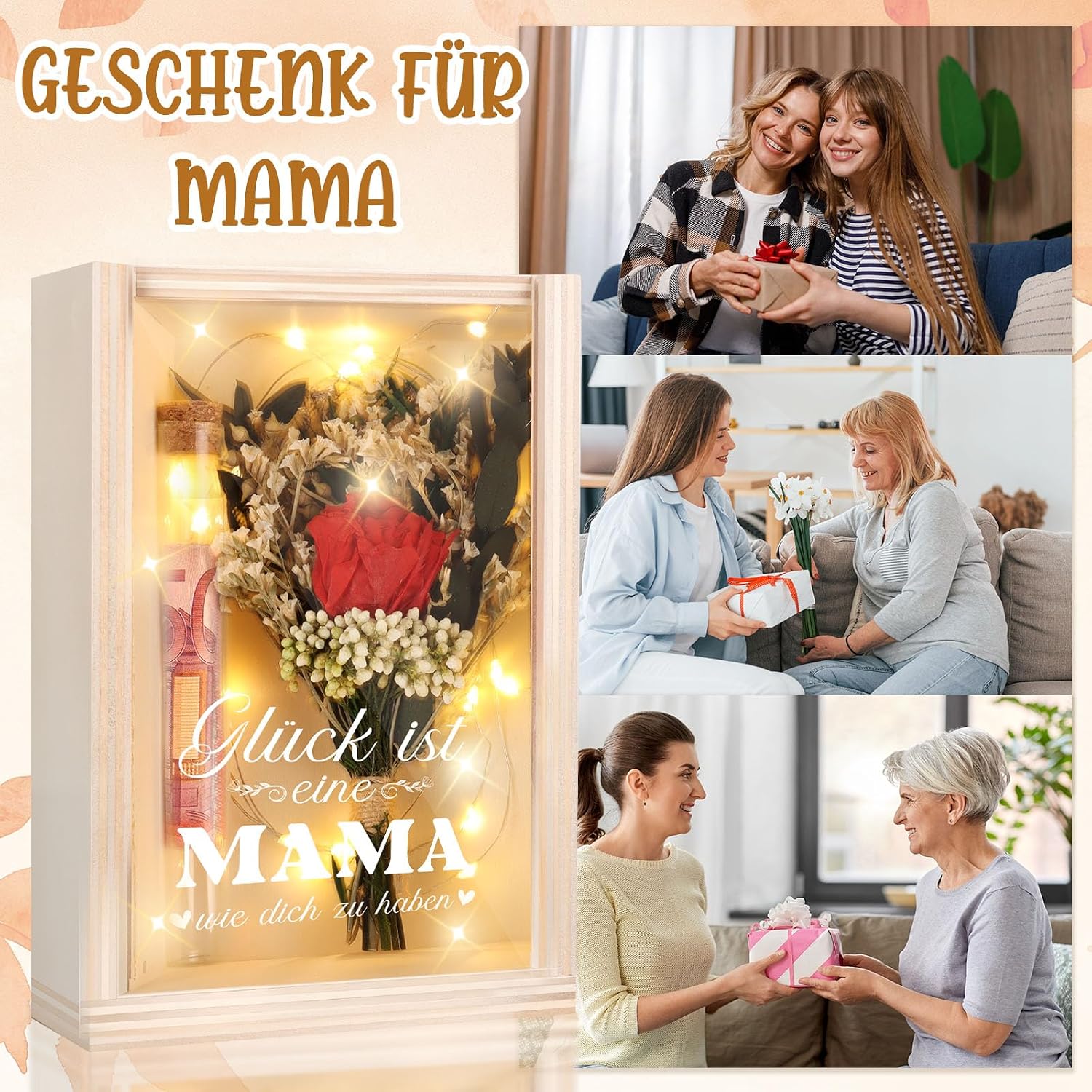 TUZELIYA Mum Gift Box, LED Fairy Lights, Test Tube, Birthday Gift for Mothers, Money Gift, Wooden Box with Engraving Glück ist elne Mama wo dich zu haber, Thank You Gift, Mother's Day – Bild 3