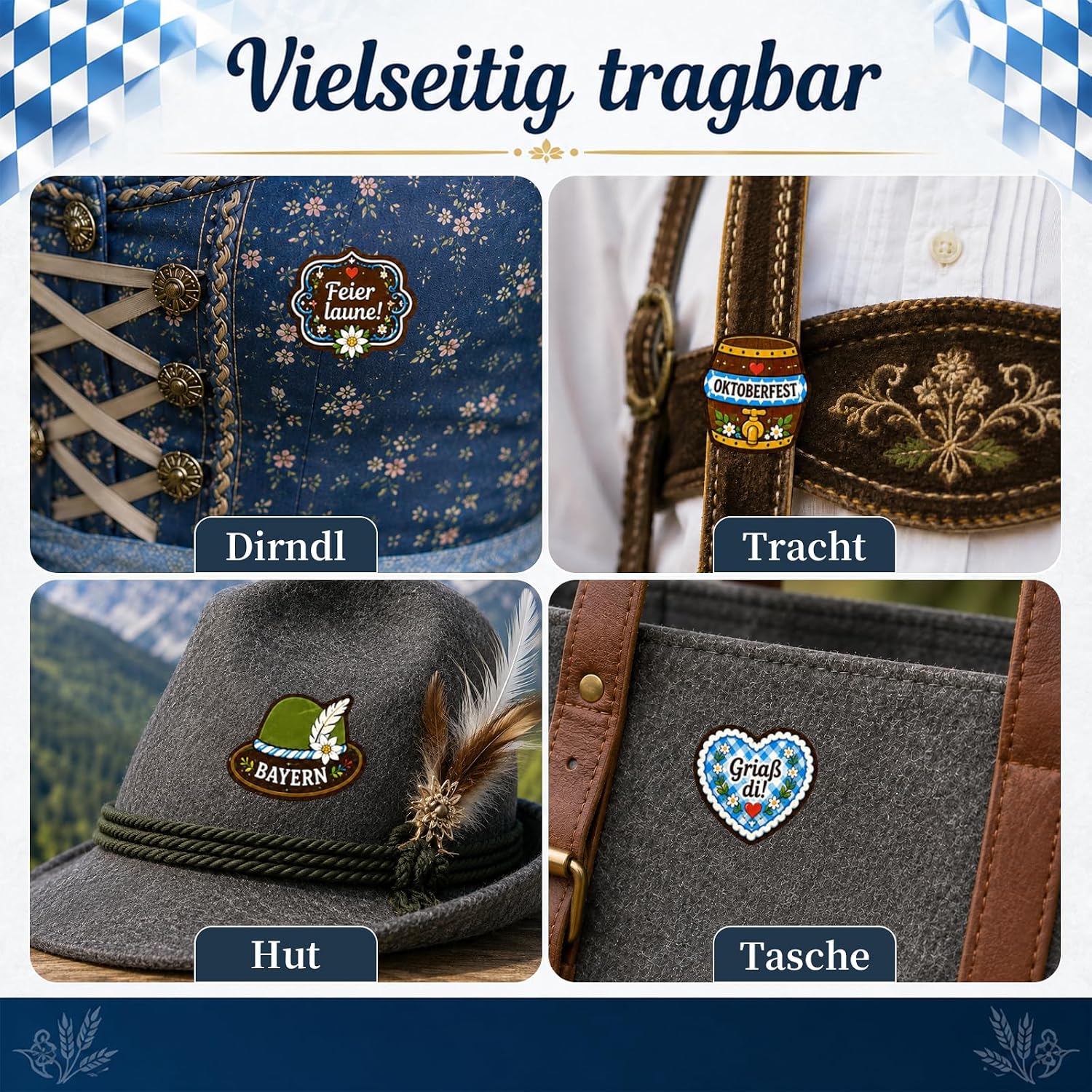 Set of 12 Oktoberfest Badges Felt Set, Oktoberfest Accessories with Gingerbread Heart, Beer Mug, Pretzel Bavaria Hat Motifs, Oktoberfest Decoration for Dirndl Costume Oktoberfest Women's Outfit – Bild 7