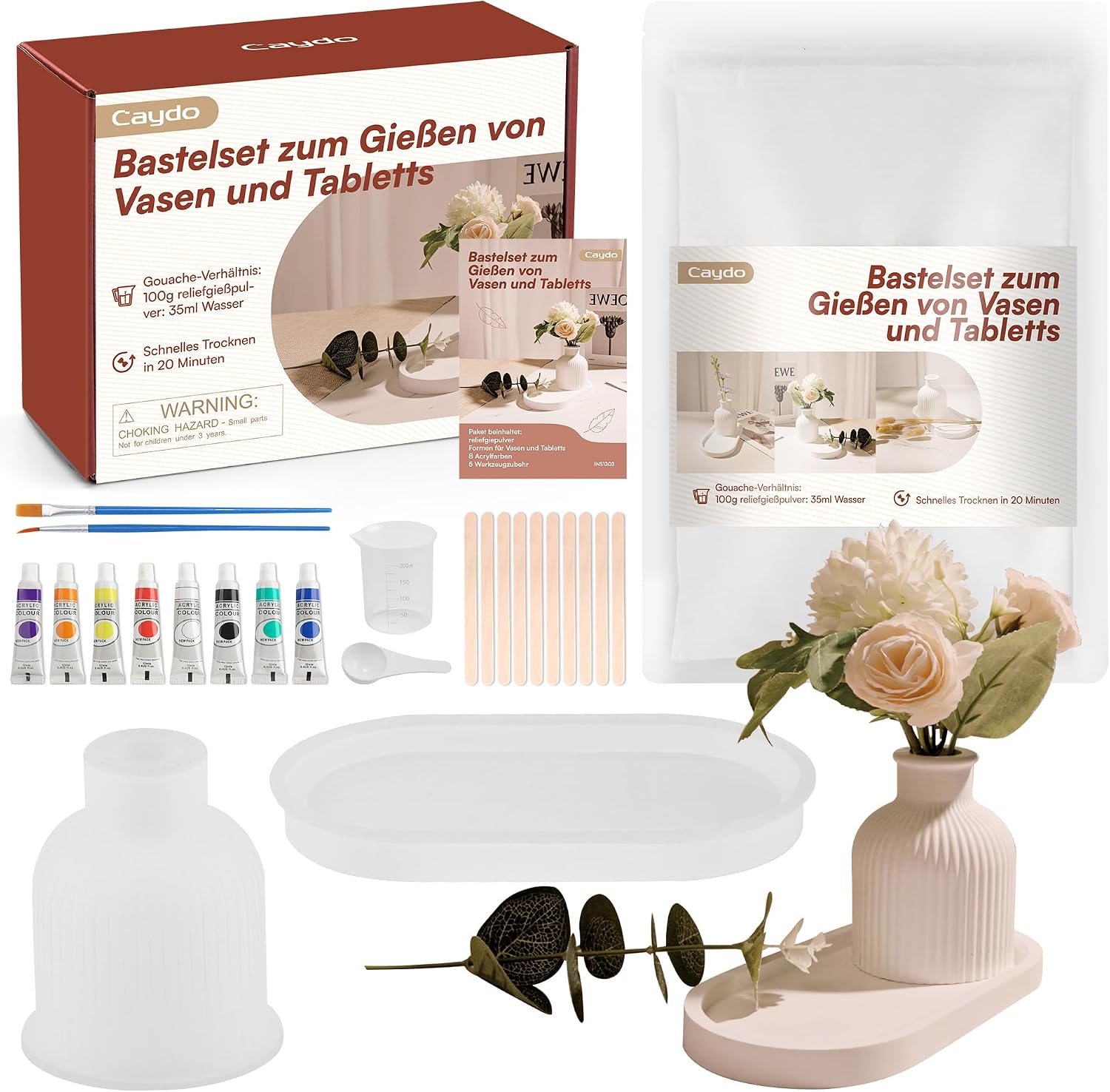 Caydo Casting Powder Starter Set, Silicone Moulds Casting Moulds Vase Pallets with Casting Powder 500 g, DIY Flower Vase Silicone Moulds Relief Casting Powder for Pouring with Creative Concrete, Jewellery Concrete, Casting Resin, Wax