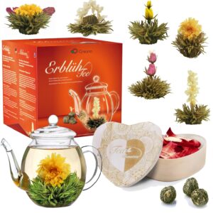 Creano Gift Set Blooming Tea Flower Mix in Wooden Box in Heart Shape – 6 Varieties White Tea Including Glass Teapot 500 ml, Gift for Women, Mother, Tea Lovers