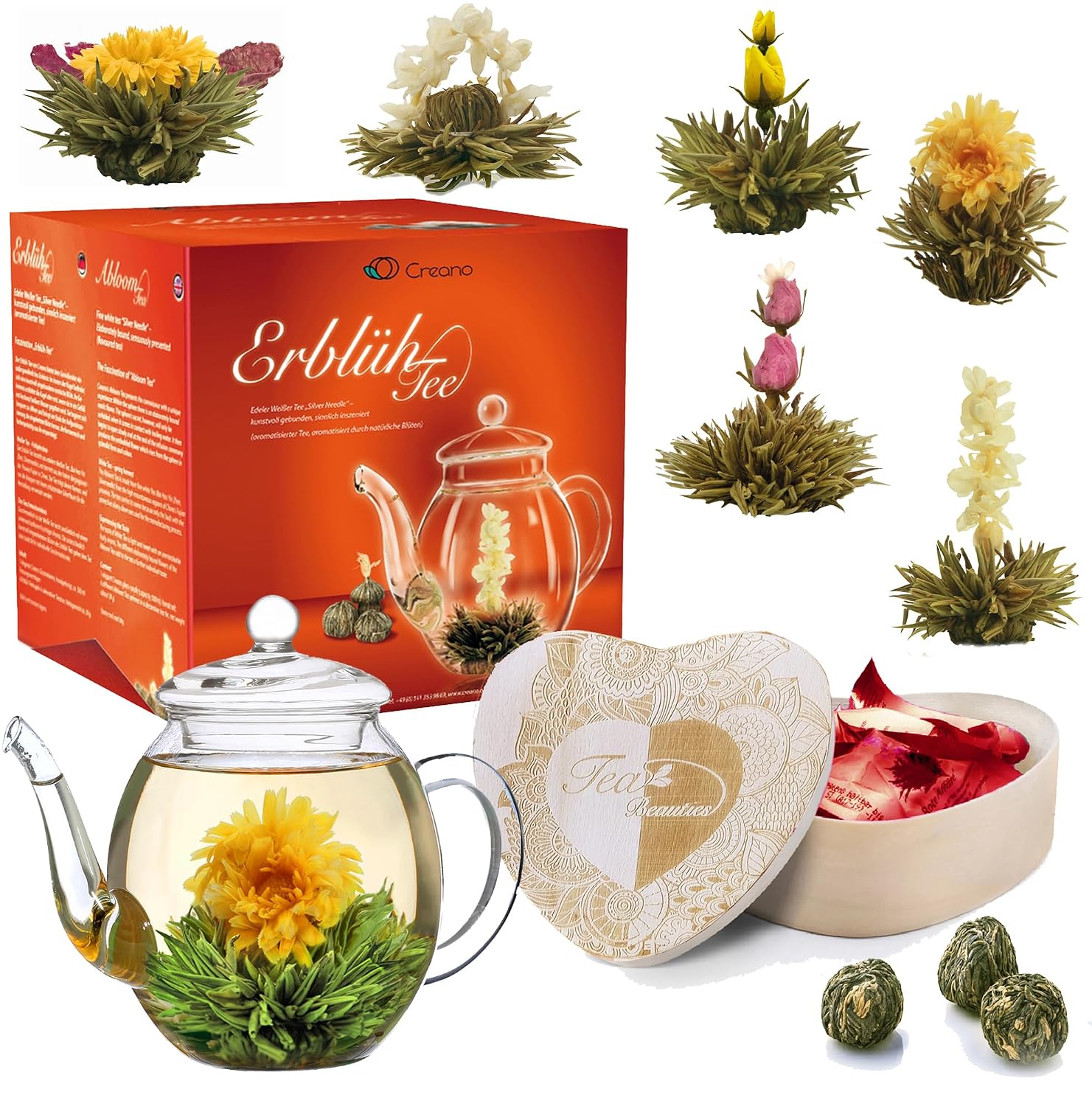 Creano Gift Set Blooming Tea Flower Mix in Wooden Box in Heart Shape - 6 Varieties White Tea Including Glass Teapot 500 ml, Gift for Women, Mother, Tea Lovers