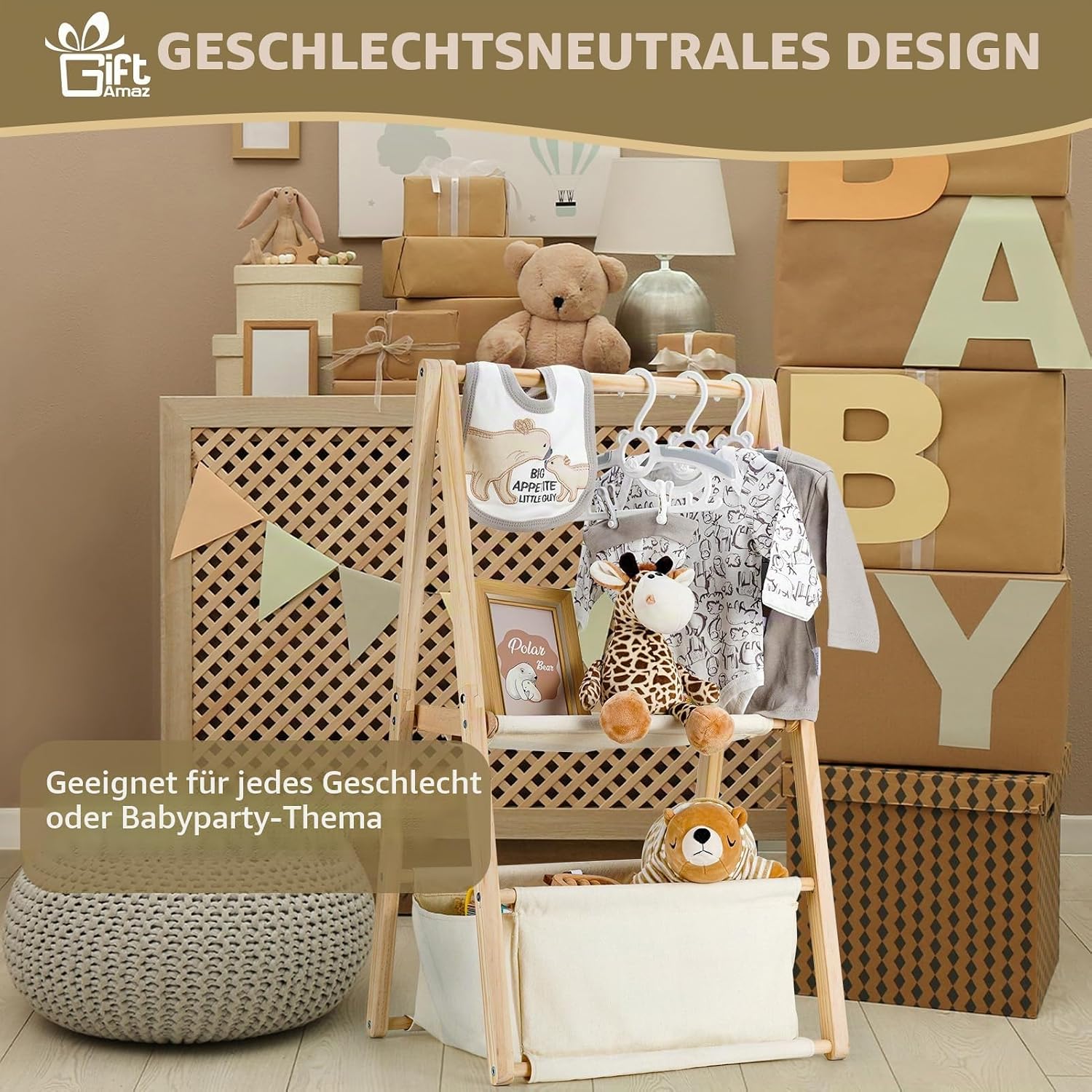 GiftAmaz Wooden Baby Basket for Baby Shower, Two-Tier Gift Basket Baby, Baby Storage Box Made of Wood with Hangers, Baby Shower Decoration, Baby Gift for Birth for Expecting Parents – Bild 5