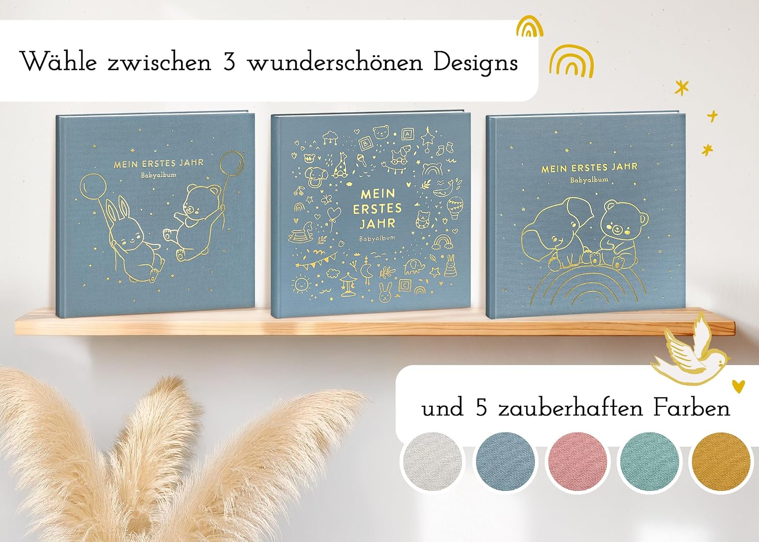 My First Year Baby Album - High-Quality Linen Book with Gold Embossing for the Most Beautiful Memories - Baby Book to Enter for the First Year of Life - Baby Gift for Birth (Toy Blue) – Bild 6