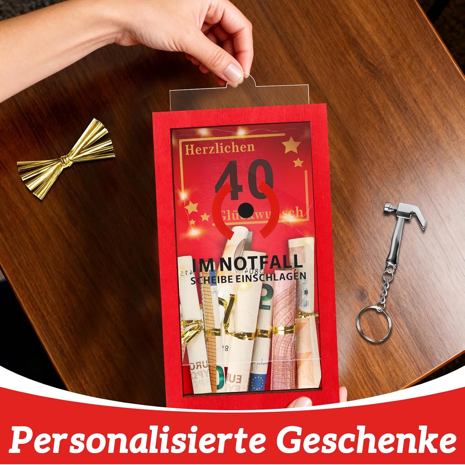 TUZELIYA LED Money Gifts 40th Birthday - 40th Birthday Women & Men - Personalised Gifts for Money - Funny Emergency Box Gifts with Hammer, Golden String and Fairy Lights – Bild 3