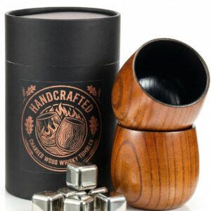 Flamed Wood Whisky Glasses, Set of 2 (300 ml) - Handmade Old Fashioned/Bourbon Tumbler - Shatterproof Gift for Men & Whisky Lovers for Father's Day, Birthday, Christmas