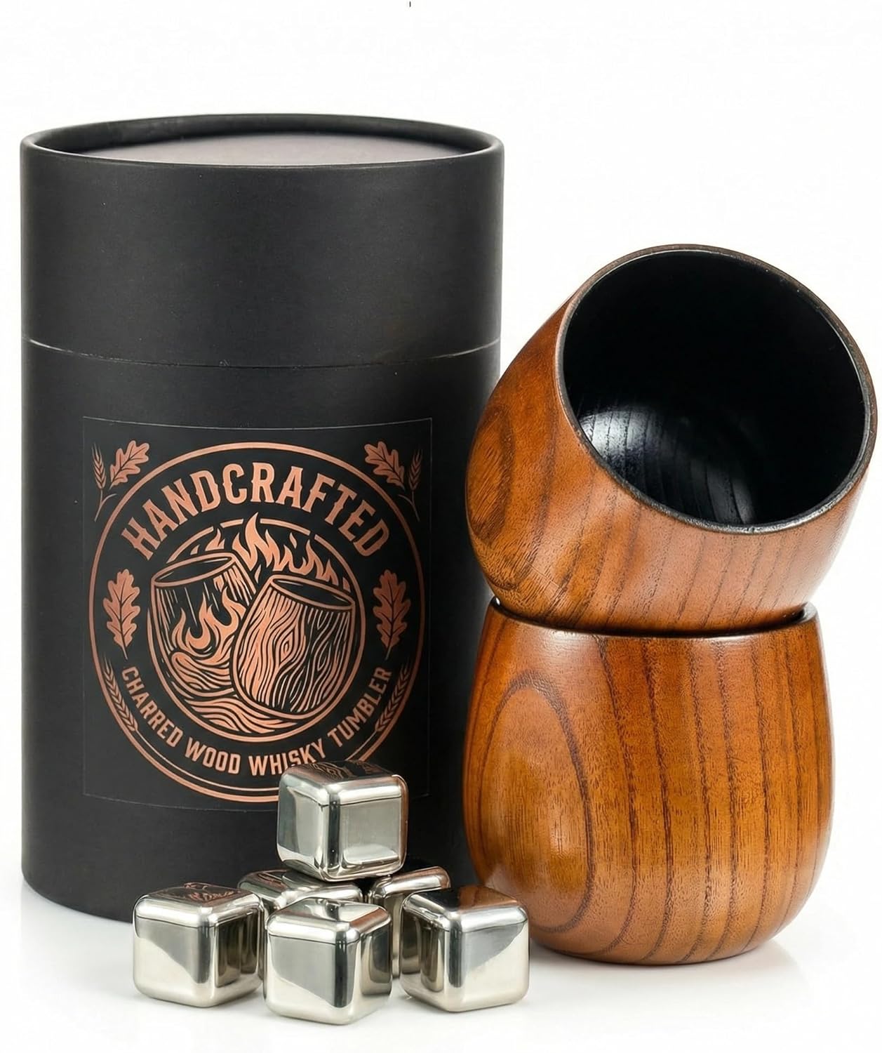Flamed Wood Whisky Glasses, Set of 2 (300 ml) - Handmade Old Fashioned/Bourbon Tumbler - Shatterproof Gift for Men & Whisky Lovers for Father's Day, Birthday, Christmas