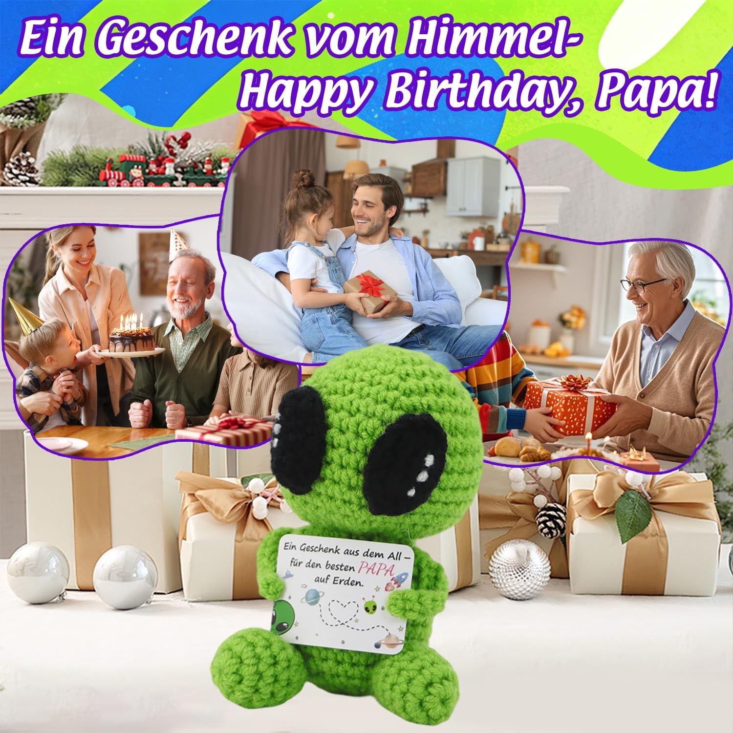 Original Dad Gift & Birthday Gift for Dad from Space, Hand Crocheted Green Alien Plush with Card "Besten Papa auf Erden", Funny Father's Day Gift, Cute & Unique – Bild 7