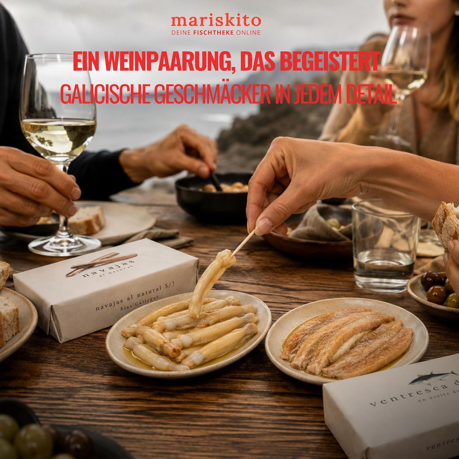 MARISKITO Galician Deli Preserves Set La Mar de Sensaciones - Gift Box 6 Premium Canned Foods - Mussels, Octopus, Ensis, Colourful Scallop, Tuna Belly Fillet, Sardinilla - Delicatessen – Bild 7
