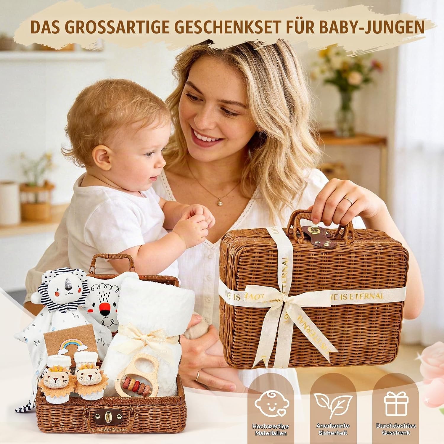 Baby Gift Boy Girl Newborn Gift Birth Boy Girl Baby Gifts with Baby Comforter with Lion Baby Blanket Bib Socks Wooden Rattle Baby Shower Gift Box Baby Shower Party – Bild 7
