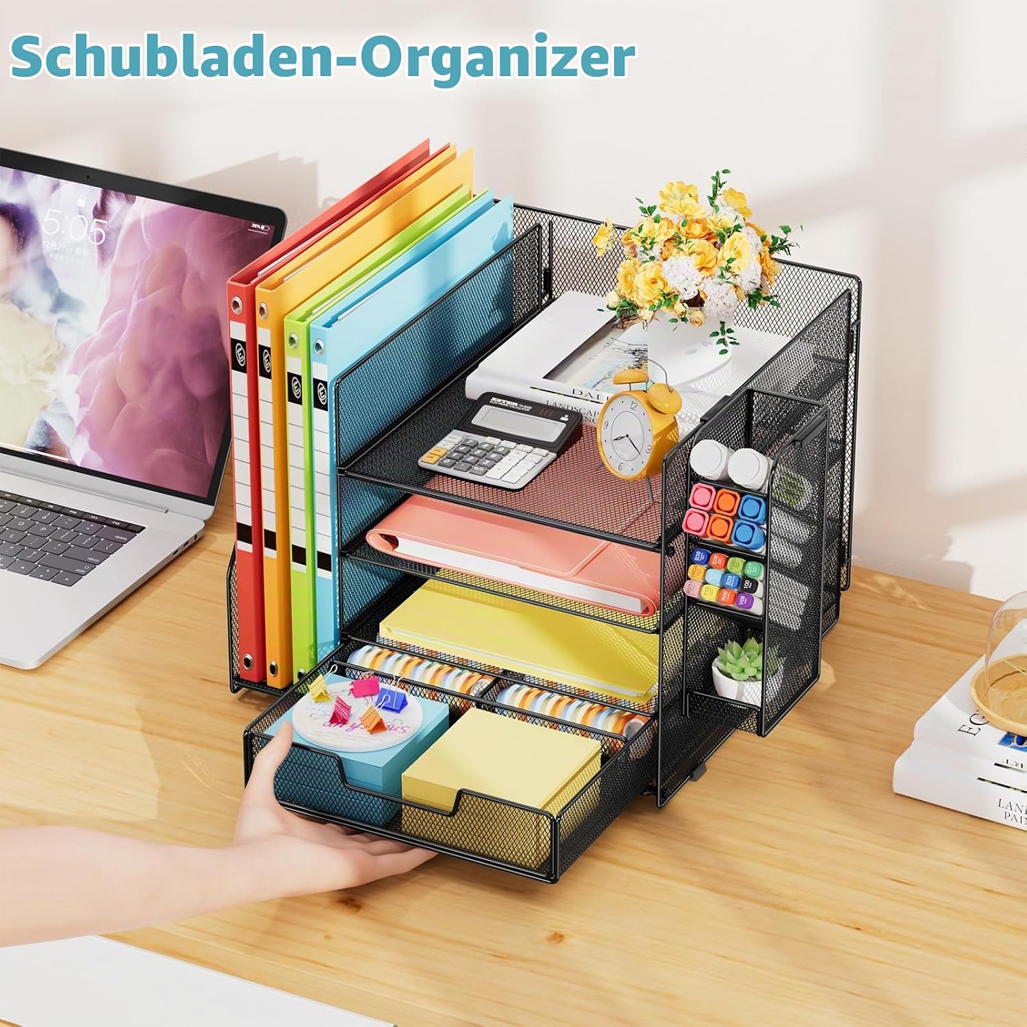 Marbrasse Desk Organiser with File Holder, 4-Tier Letter Tray Storage Compartments, Compartment Drawers, Hanging Pen Holder, Mesh Desk Paper Shelf for Home, Office, Supplies, Document Tray (Black) – Bild 6