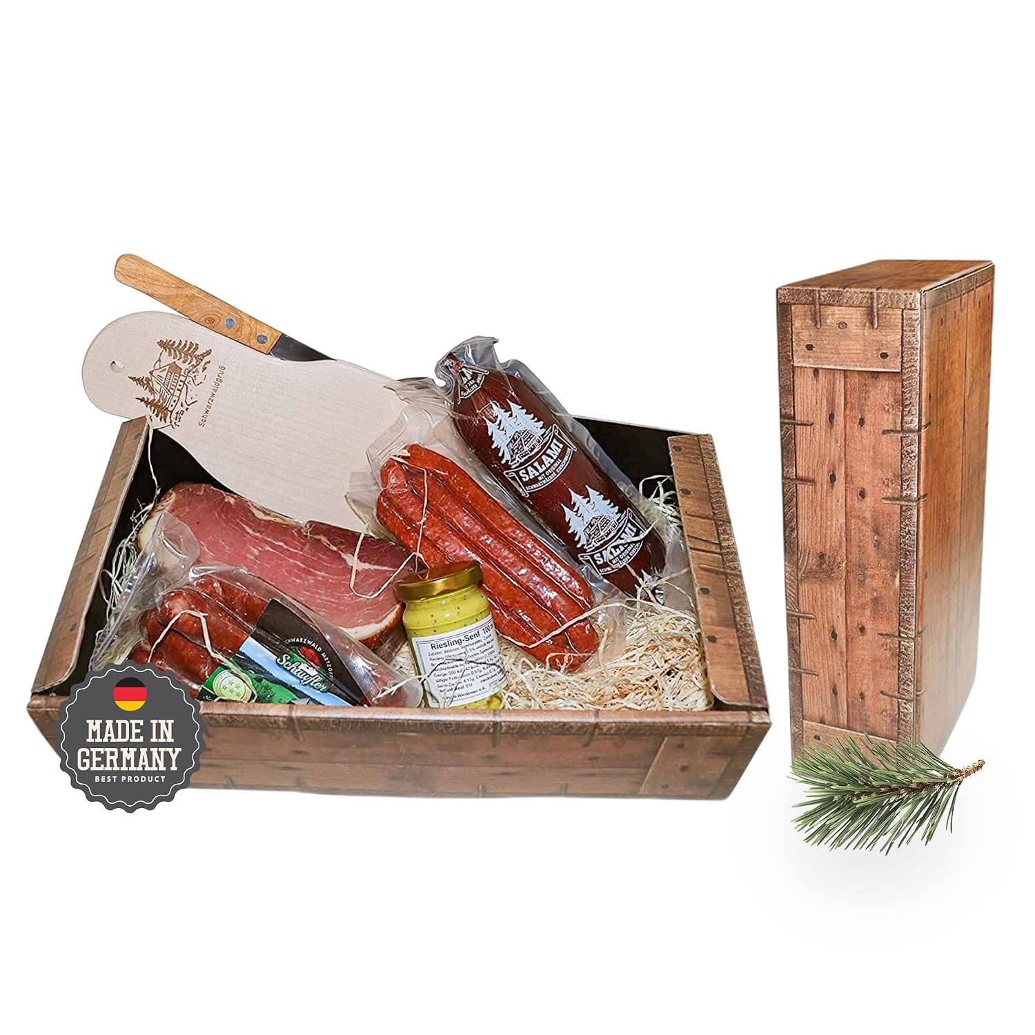 Black Forest Butcher Shop Gift Basket "Nostalgia - 6-Piece Gift Basket with Delicious & Savoury Sausage Specialities such as Black Forest Ham or Country Hunter, Chopping Board & Knife and Gourmet