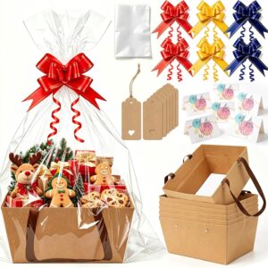 Set of 6 Gift Baskets Empty Large with Handles, Gift Foil, Bows Cards