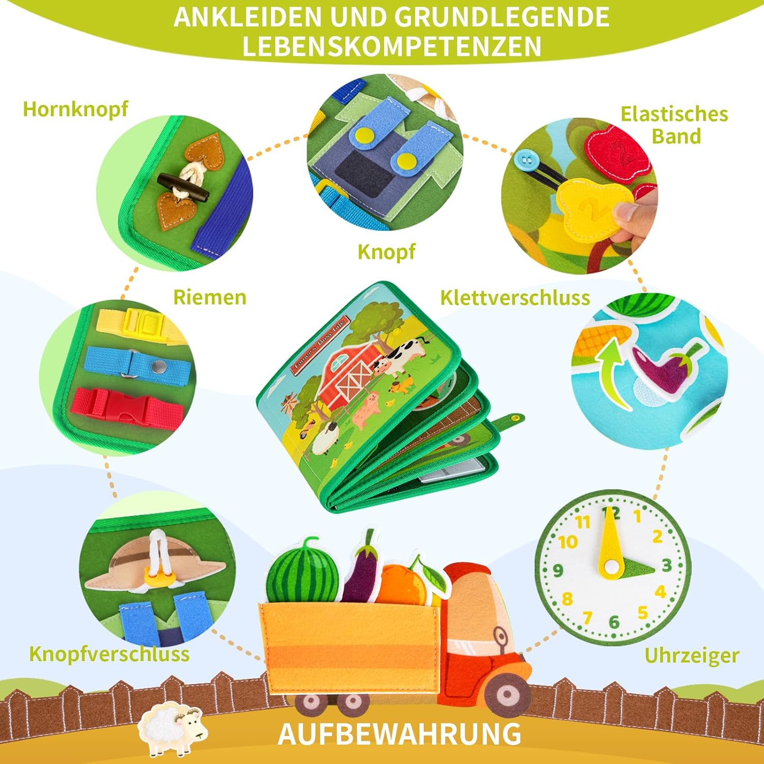 Quanquer Montessori Busy Board German Toy from 1 2 3 4 Years - Farm Book for Early Education Car & Plane Drives - Birthday Holiday Easter Children's Day Gifts for Toddlers – Bild 7