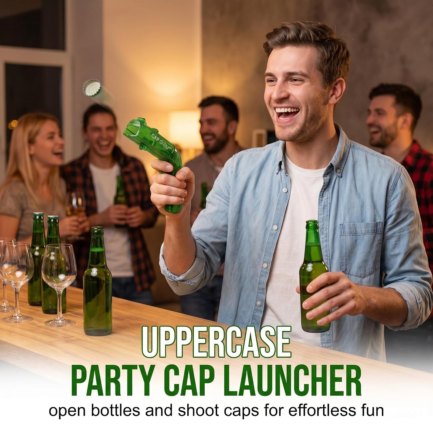 Bottle Opener Gun - Funny Beer Opener with Shooting Function for Parties & Bars, Creative Gadget in Transparent Bottle Green, Ideal Men's Gift for Birthday and Christmas – Bild 2