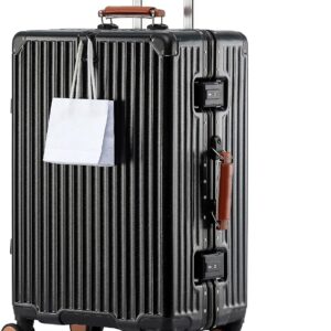 Aoliwei Aluminium Frame Hand Luggage S (58 cm) – Premium Hard Case as Cabin Luggage, with Brown Genuine Leather Handle, TSA & 360° Silent Wheels, Black