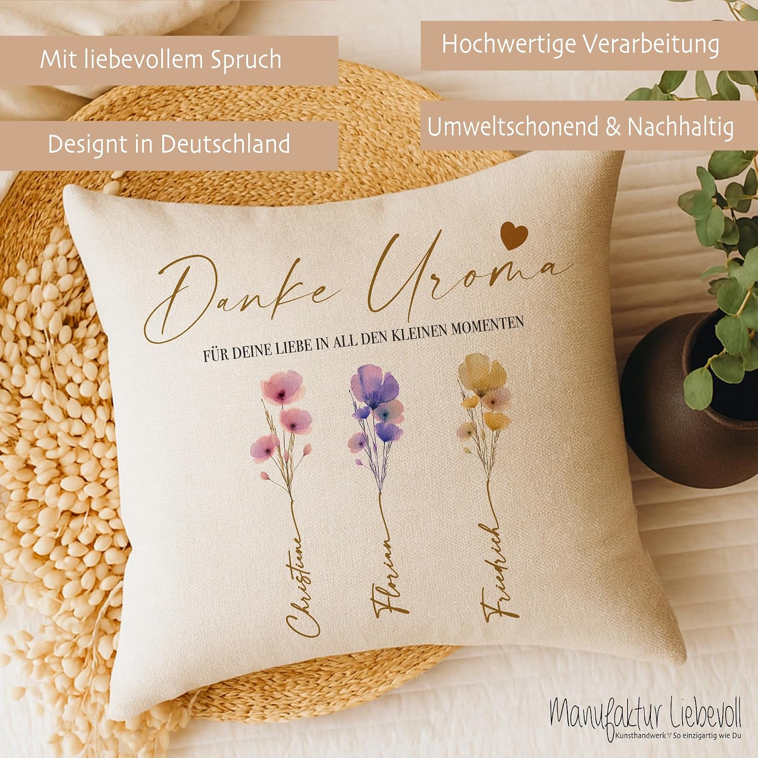 Manufaktur Liebevoll Personalised Cushion with Name, Best Mum Gift for Mum, Family Cushion with Watercolour Flowers, Gift Family (Best Mum) – Bild 6