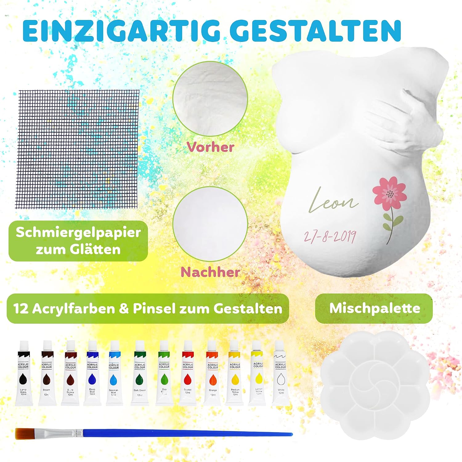 Hipsty Plaster Cast Baby Belly Set with (23 m) Plaster Bandages, 12 Acrylic Paints & Much More | The Belly Print Reminds You of Your Pregnancy for a Long Time | Complete Set – Bild 5