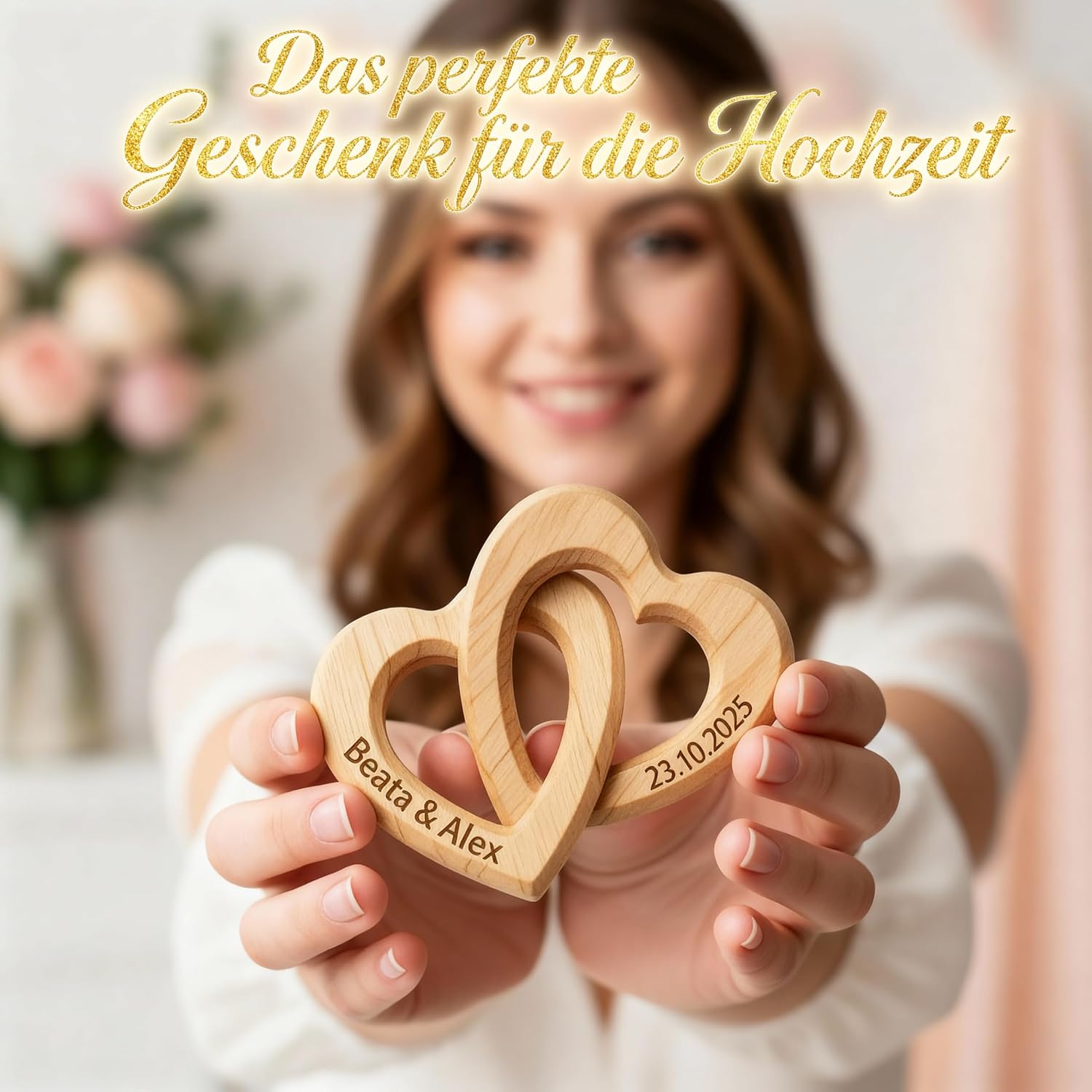 Liebtastisch Personalised Wooden Hearts - Engraved with Name & Date - Romantic Gift for Wedding, Anniversary, Engagement, Valentine's Day & Anniversary - Natural & Handmade – Bild 3