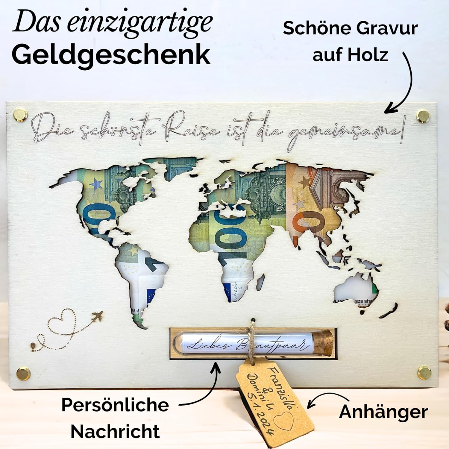 Money Gift Wedding World Map Wood | Great Wedding Gift for Bride and Groom | Couple Gift | Wedding Money Gift | Honeymoon Gift | Personalised in Test Tube – Bild 2