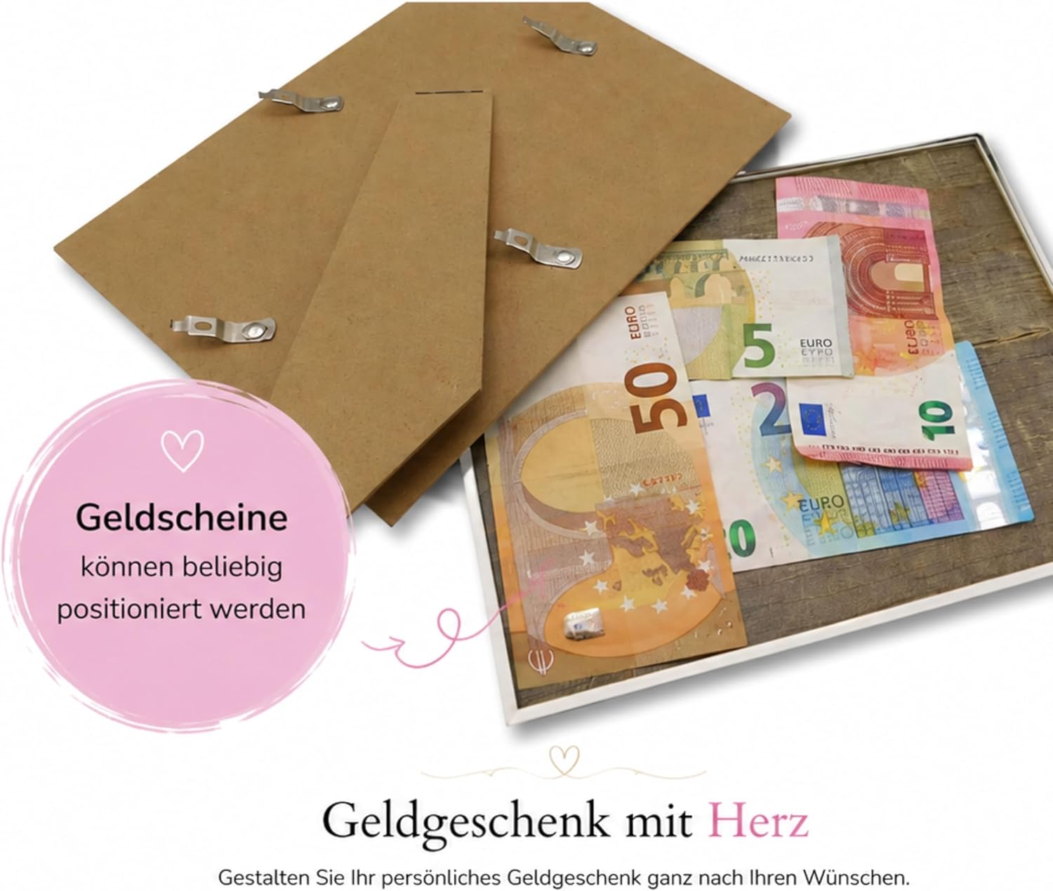 Traumwelten-Zimmermann Wedding Money Gift in Picture Frame with Real Glass, Creative Money Gift Packaging for Bride and Groom, Wooden Heart Motif, Wedding Gift, 18 x 24 cm – Bild 5