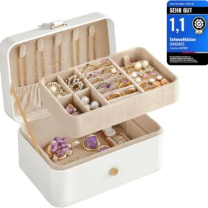 SONGMICS JBC166W01 Travel Jewellery Box, Small, 2-Tier Jewellery Storage, Portable Jewellery Travel Case for Larger Accessories, 11 x 16 x 8 cm, Gift Idea, Cloud White