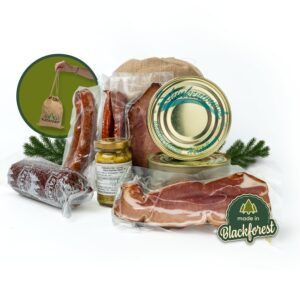 Black Forest Butcher Shop Gift Basket 9 Pieces in Linen Bag – Gift Basket with Traditional Sausage Specialities such as Black Forest Ham, Belly Bacon, Salami, Liver Sausage, Landjäger