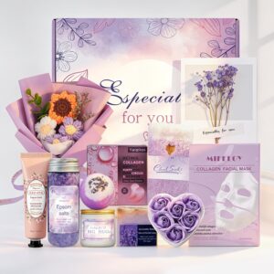 Birthday Gifts for Women, 11 Piece Self Care Gift Basket Set for Girlfriend, Mother, Sister, Purple Theme, Get Wellness Gifts for Her, Inspirational Thank You Care Set