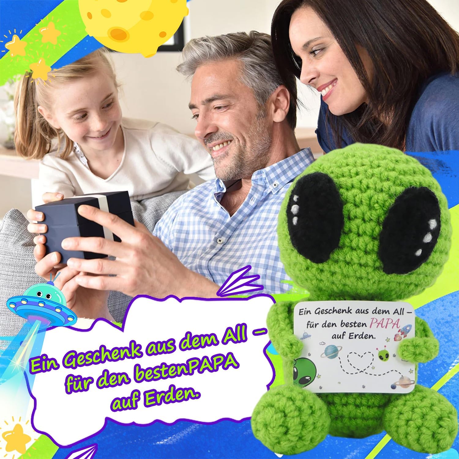 Original Dad Gift & Birthday Gift for Dad from Space, Hand Crocheted Green Alien Plush with Card "Besten Papa auf Erden", Funny Father's Day Gift, Cute & Unique – Bild 3