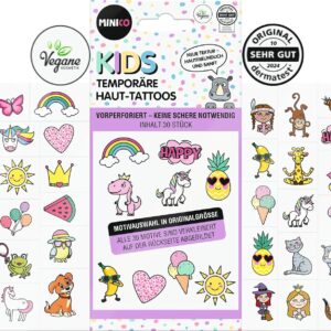 Premium Children's Tattoo Set, Dermatest® October 2024, Temporary, Perforated, Skin-Friendly, Easily Removable, for Girls and Boys, 30 Designs
