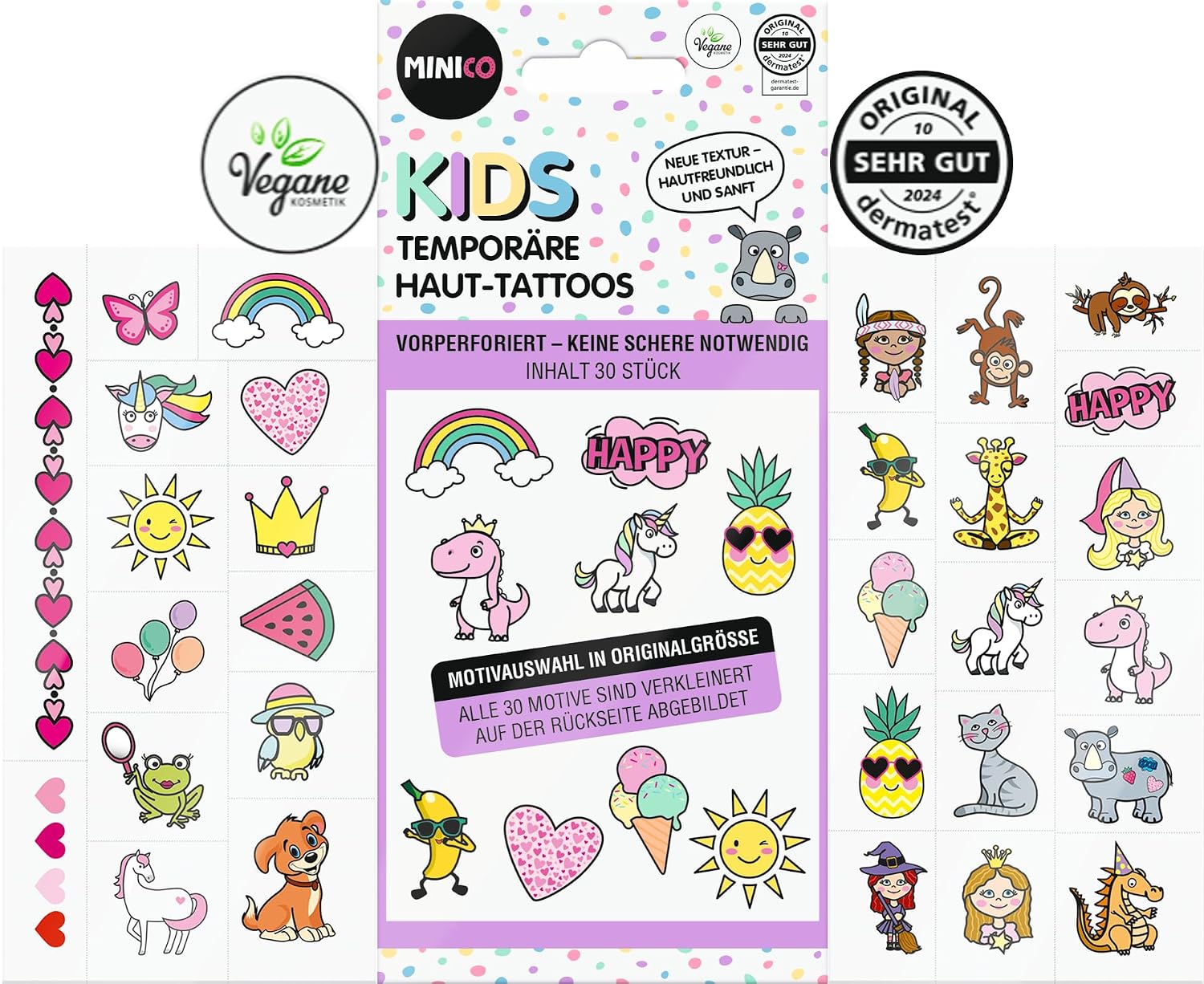 Premium Children's Tattoo Set, Dermatest® October 2024, Temporary, Perforated, Skin-Friendly, Easily Removable, for Girls and Boys, 30 Designs