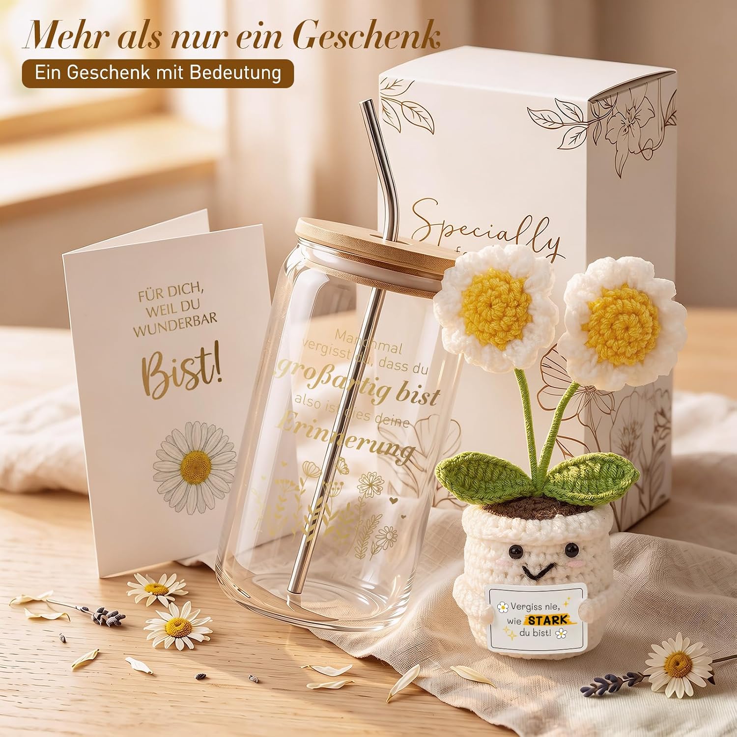 Gift Set for Women - 500 ml Glass Drinking Cup with Crochet Flower, Greeting Card & Gift Box - Inspirational Motivational Gift for New Beginnings & Strength – Bild 2