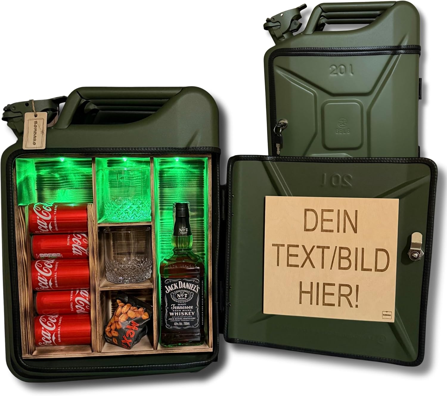 20L Canister Mini Bar Premium I Maximum Personalised with Engraving & LED Lighting I 2 Whisky Glasses I Jerrycan I Mobile Canister Bar Gift for Men I Lockable Mini Bar