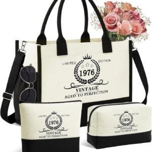 50th Birthday Gift Woman – 3-Piece Vintage 1976 Canvas Bags Shopping Bag and Cosmetic Bag Set, Birthday Gifts for Women, Gift for Mum, Wife, Girlfriend, Colleague and Sister