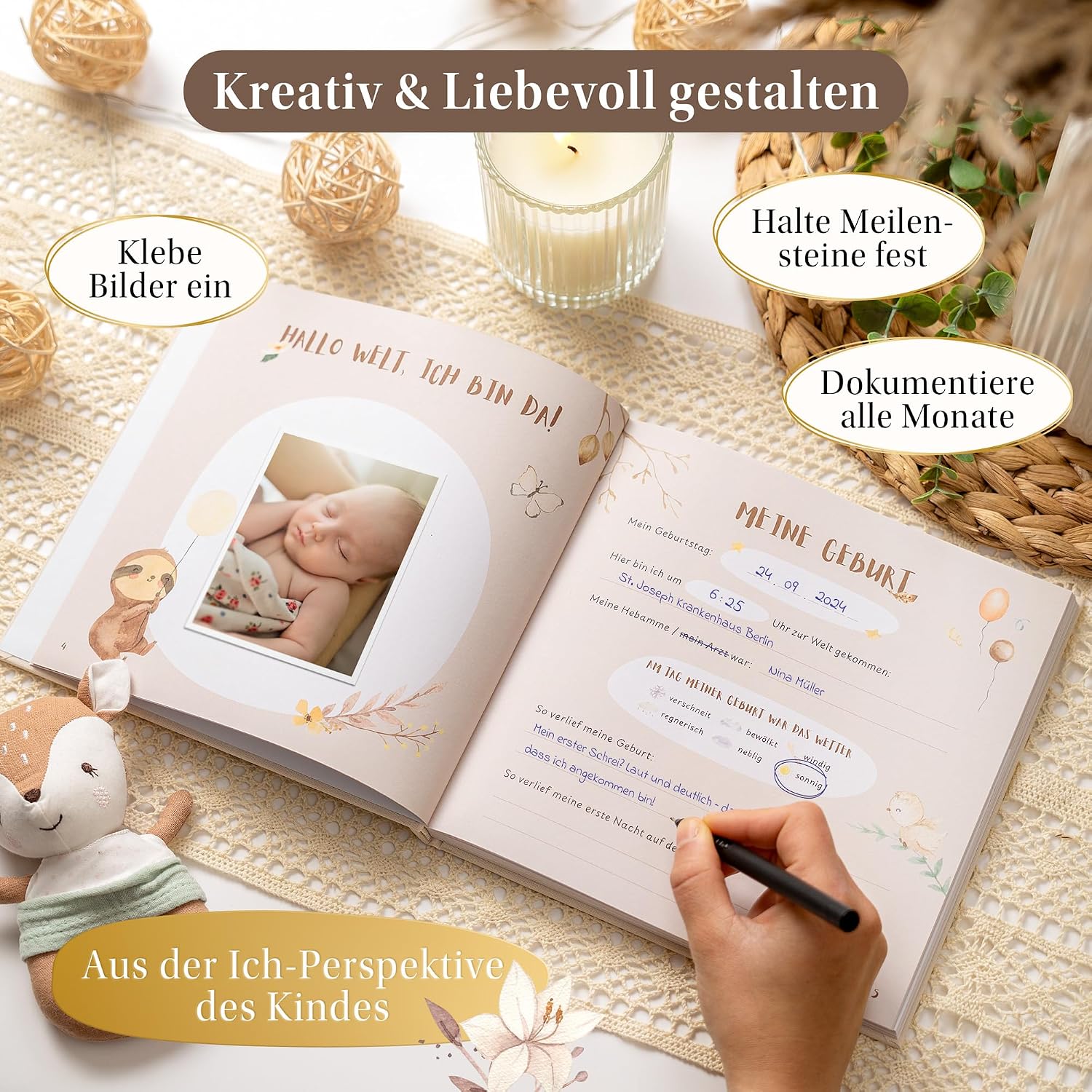 EULENTALER Baby Album Boho My 1st Year [with Linen Cover and Gold Embossing – Bild 4