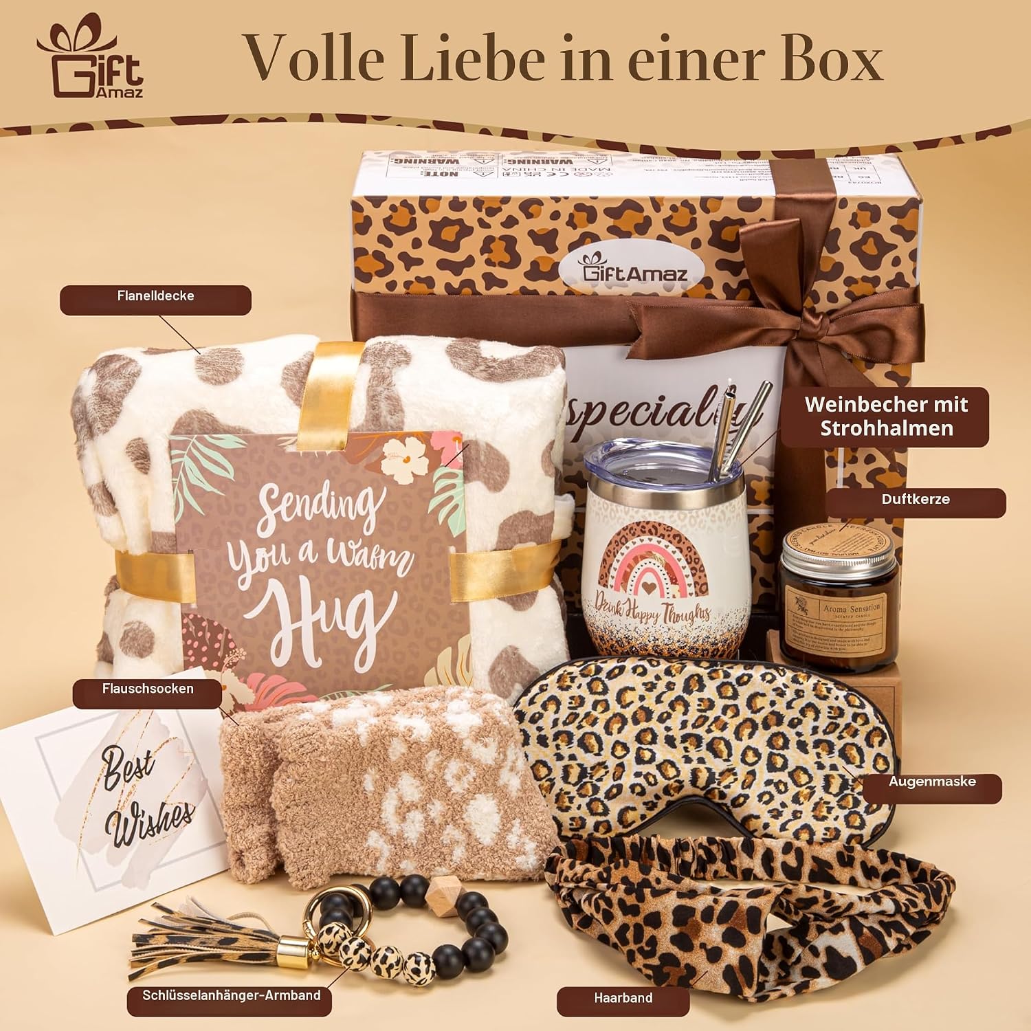 GiftAmaz Leopard Print Gift Basket for Women - 7-Piece Wellness Box with Thermal Cup & Blanket, Self-Care & Get Well Soon Gift Idea for Wife, Girlfriend, Mother as a Christmas Gift – Bild 7