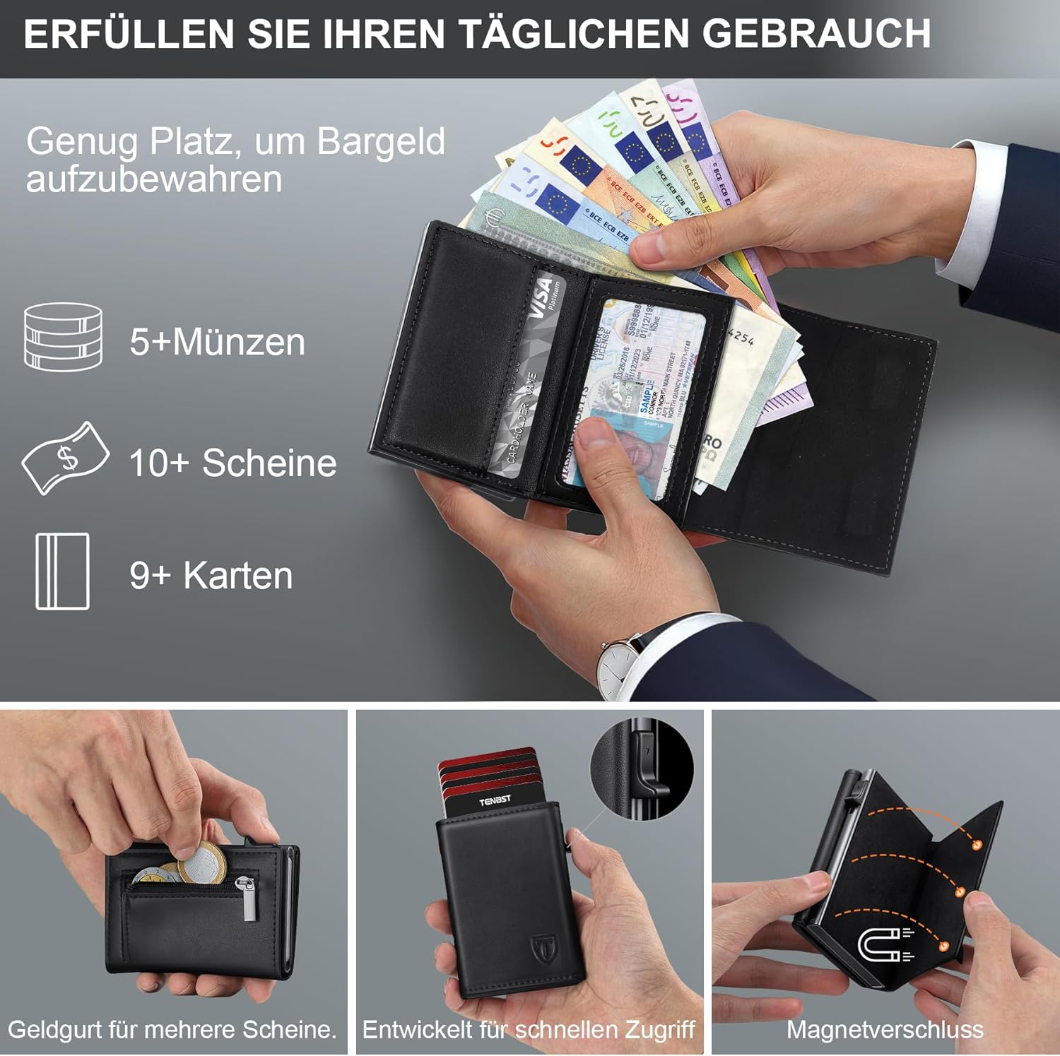 TENBST Men's Wallet with Coin Compartment and RFID Protection, Slim Wallet Premium Wallet, 10 Card Slots + Wallet, Card Holder Men, Gifts for Father's Day - Grey/Black – Bild 4
