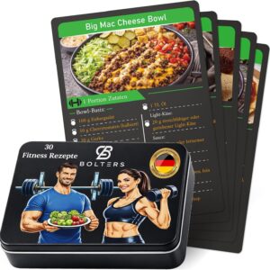 Bolters Fitness Recipe Cards – 30 High Protein Recipes with Macros, Fitness Cards Instead of Cookbook, for Muscle Building & Healthy Eating, Gift for Fitness Fans, in Black Metal Tin