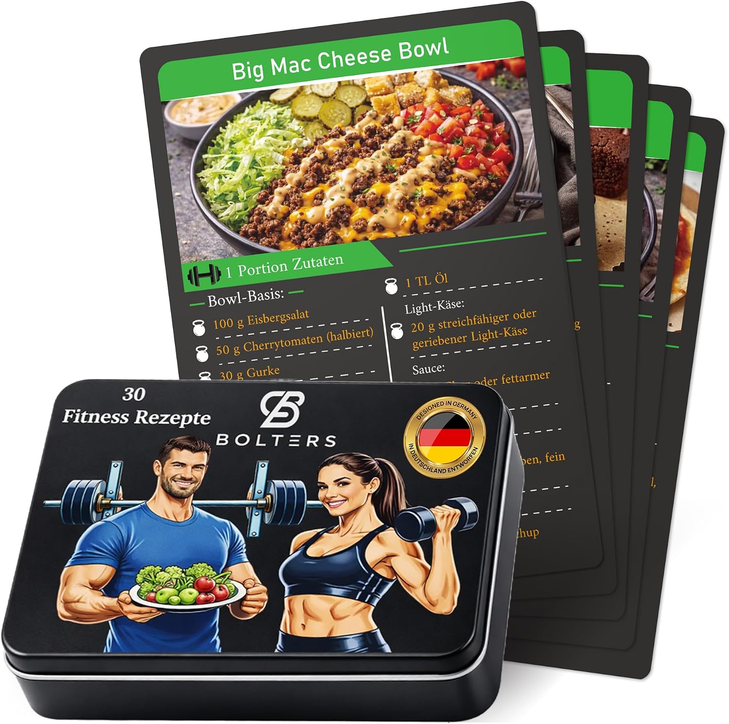 Bolters Fitness Recipe Cards - 30 High Protein Recipes with Macros, Fitness Cards Instead of Cookbook, for Muscle Building & Healthy Eating, Gift for Fitness Fans, in Black Metal Tin