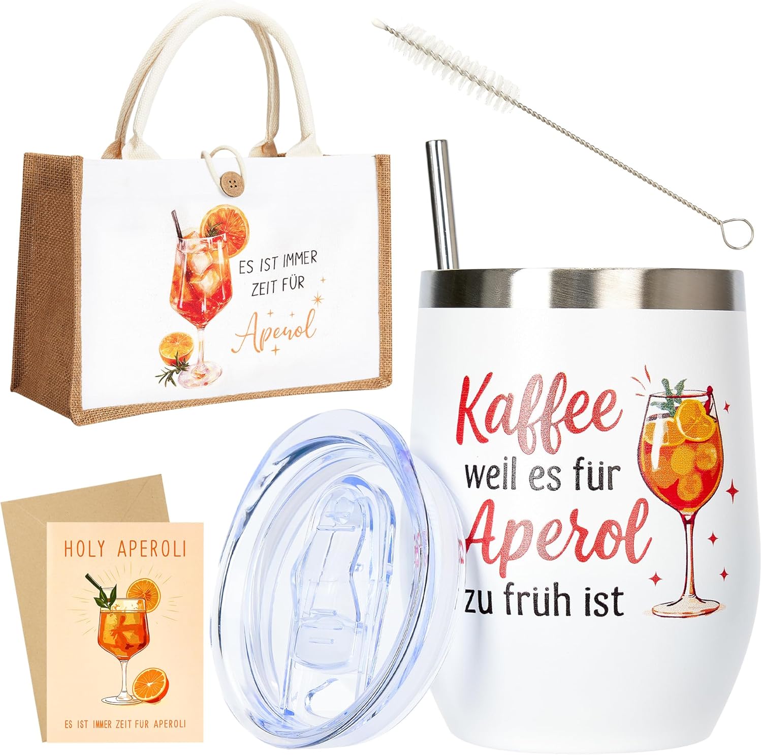 3 Piece Splash Gift Set for Aperitif, Stainless Steel Wine Tumbler 350ml with Lid & Straw, XXL Jute Beach/Gift Bag 32×22×13cm, Premium Birthday Card - Summer, Party, Girlfriend, Women – Bild 9